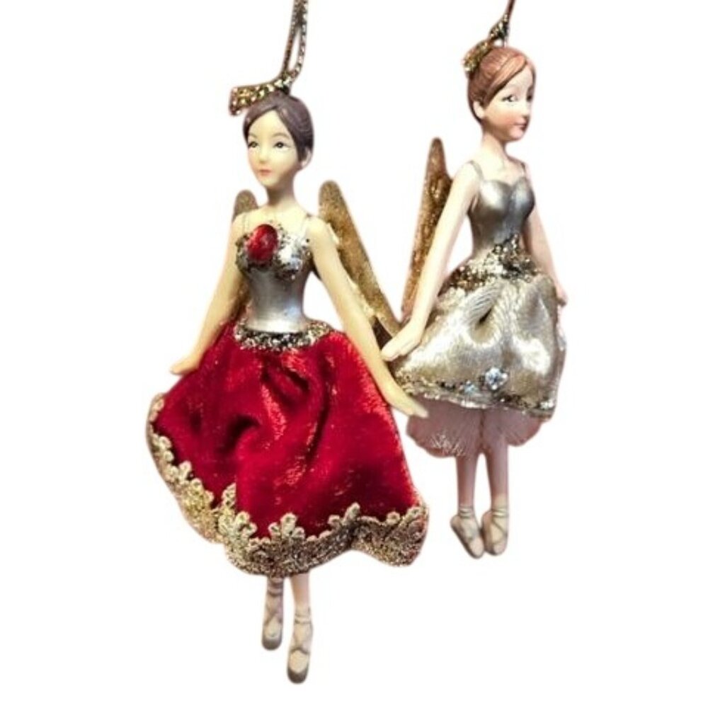 Set Of 2 Gisella Graham London Ballet Dancer Ornaments With Gold Wings & Dresses